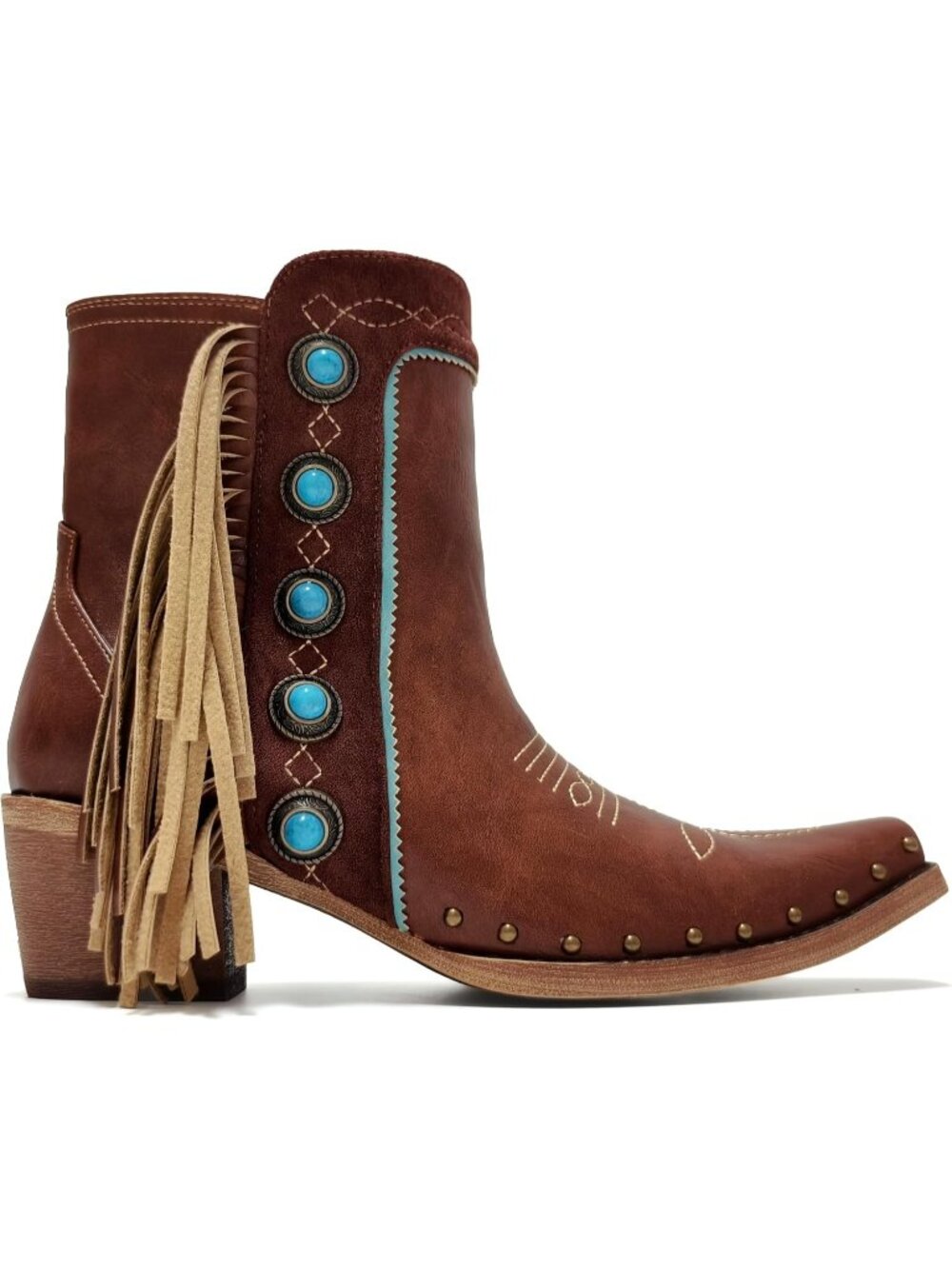 Women's Brown Fringe Classic Cushioned Insole Ankle Boots with Turquoise Stones